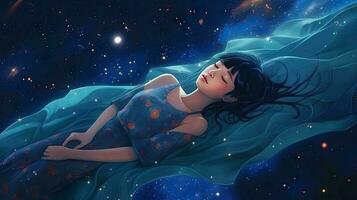 dromen tussen de sterren 3d illustratie van een jong Aziatisch vrouw slapen in diep ruimte. generatief ai foto