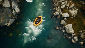 antenne top visie extreem sport kajak zeilen berg rivier- met zon licht. raften, wildwater kajakken. foto