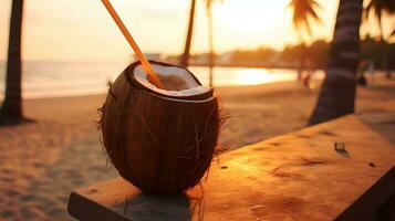 kokosnoot drinken met rietje Aan de strand. foto