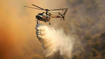 brand vechten helikopter dragen water emmer naar blussen de Woud brand foto