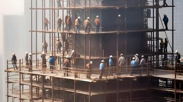 bouw arbeiders werken Aan modern gebouwen. foto