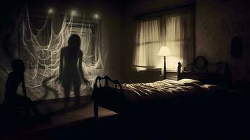 kind nachtmerrie met eng monster Aan slaapkamer. foto