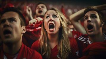 vrouw voetbal ventilator vieren de zege van haar team. voetbal vrouw. foto