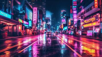 nacht tafereel van na regen stad in cyberpunk stijl, futuristische nostalgisch jaren 80, jaren 90. neon lichten levendig kleuren, fotorealistisch horizontaal illustratie. ai gegenereerd foto