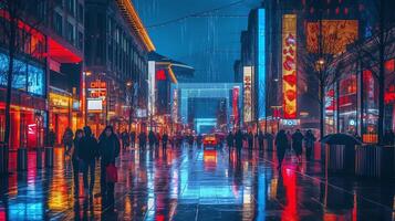 nacht tafereel van na regen stad in cyberpunk stijl, futuristische nostalgisch jaren 80, jaren 90. neon lichten levendig kleuren, fotorealistisch horizontaal illustratie. ai gegenereerd foto