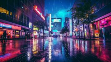 nacht tafereel van na regen stad in cyberpunk stijl, futuristische nostalgisch jaren 80, jaren 90. neon lichten levendig kleuren, fotorealistisch horizontaal illustratie. ai gegenereerd foto