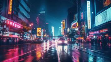 nacht tafereel van na regen stad in cyberpunk stijl, futuristische nostalgisch jaren 80, jaren 90. neon lichten levendig kleuren, fotorealistisch horizontaal illustratie. ai gegenereerd foto