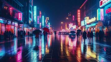 nacht tafereel van na regen stad in cyberpunk stijl, futuristische nostalgisch jaren 80, jaren 90. neon lichten levendig kleuren, fotorealistisch horizontaal illustratie. ai gegenereerd foto