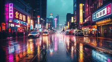 nacht tafereel van na regen stad in cyberpunk stijl, futuristische nostalgisch jaren 80, jaren 90. neon lichten levendig kleuren, fotorealistisch horizontaal illustratie. ai gegenereerd foto