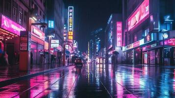 nacht tafereel van na regen stad in cyberpunk stijl, futuristische nostalgisch jaren 80, jaren 90. neon lichten levendig kleuren, fotorealistisch horizontaal illustratie. ai gegenereerd foto