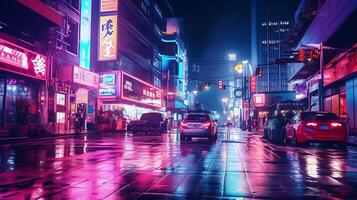 nacht tafereel van na regen stad in cyberpunk stijl, futuristische nostalgisch jaren 80, jaren 90. neon lichten levendig kleuren, fotorealistisch horizontaal illustratie. ai gegenereerd foto