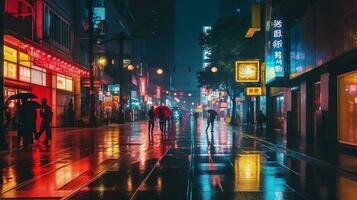 nacht tafereel van na regen stad in cyberpunk stijl, futuristische nostalgisch jaren 80, jaren 90. neon lichten levendig kleuren, fotorealistisch horizontaal illustratie. ai gegenereerd foto