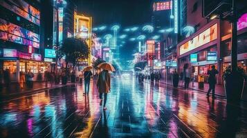 nacht tafereel van na regen stad in cyberpunk stijl, futuristische nostalgisch jaren 80, jaren 90. neon lichten levendig kleuren, fotorealistisch horizontaal illustratie. ai gegenereerd foto