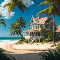 een pittoreske strand tafereel met zwaaiend palm bomen en een charmant huis genesteld tussen hen ai gegenereerd foto