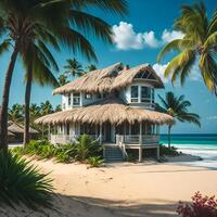 een pittoreske strand tafereel met zwaaiend palm bomen en een charmant huis genesteld tussen hen ai gegenereerd foto