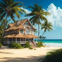 een pittoreske strand tafereel met zwaaiend palm bomen en een charmant huis genesteld tussen hen ai gegenereerd foto