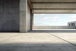 modern beton architectuur gebouw, buitenkant verdieping en dak, zone van auto park, bouw gebouw, met leeg ruimte in schoon ontwerp, met generatief ai. foto