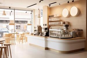 minimaal interieur ontwerp koffie cafe bar winkel met beige knus toon stijl en met glanzend ivoor wit ronde hoek balie, koffie machines, met generatief ai. foto