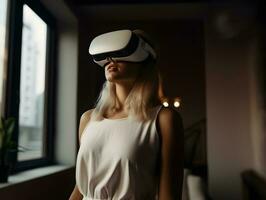 mooi jong meisje met virtueel realiteit stofbril. toekomst technologie concept. foto