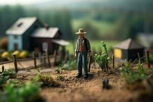 miniatuur boer werken in veld. dorp diorama. speelgoed- boerderij in zomer en oud Mens. concept van oogsten gemaakt met generatief ai technologie foto