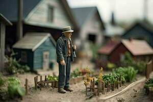 miniatuur boer werken in veld. dorp diorama. speelgoed- boerderij in zomer en oud Mens. concept van oogsten gemaakt met generatief ai technologie foto