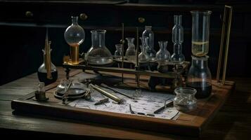alchemistisch tafel. uitrusting en decoraties van goochelaar en tovenaar voor chemie. tafel met magie glas flessen. retro wijnoogst wijnoogst medisch kantoor gemaakt met generatief ai technologie foto
