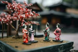 miniatuur geisha in kimono. Japans Aziatisch diorama. klein vrouw in traditioneel kostuum gemaakt met generatief ai technologie foto