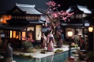 miniatuur geisha in kimono. Japans Aziatisch diorama. klein vrouw in traditioneel kostuum gemaakt met generatief ai technologie foto