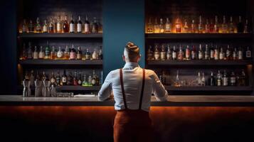 achterzijde visie van jong barman staand Bij bar balie. generatief ai foto
