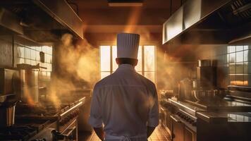 terug visie van zelfverzekerd mannetje chef staand in modern keuken. generatief ai foto