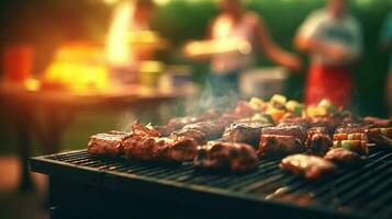 barbecue partij Bij achtertuin met wazig mensen achtergrond. generatief ai foto