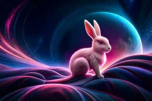 konijn met heelal thema en kleurrijk licht achtergrond, ai genereren foto