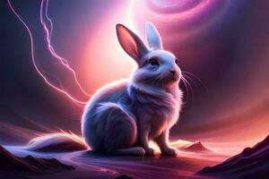 konijn met heelal thema en kleurrijk licht achtergrond, ai genereren foto
