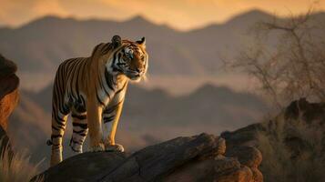 Bengalen tijger, haar hoofd verheven trots, houdt toezicht op haar gebied van een hoog rotsachtig baars foto