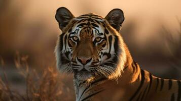 een Bengalen tijger in halverwege de pas, haar krachtig spieren kabbelend onder haar gouden vacht foto