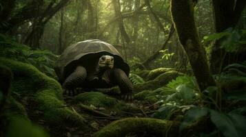 een groots galapagos schildpad geleidelijk navigeren haar manier door een groen, tropisch Woud foto