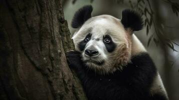 een reusachtig panda, gezellig gekruld in een boom, haar dik vacht gecamoufleerd met de ruw schors foto