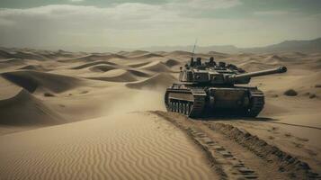 een tank rollend aan de overkant een dor woestijn, haar enorm sporen snijwerk een pad door de golvend zand duinen foto