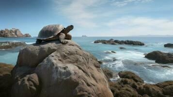 een galapagos schildpad zonnen zelf Aan een gekarteld klif, omsingeld door de onschuldig, glinsterende oceaan foto