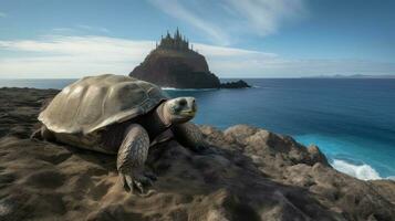 een galapagos schildpad zonnen zelf Aan een gekarteld klif, omsingeld door de onschuldig, glinsterende oceaan foto