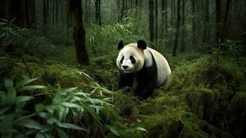 een reusachtig panda, speels rollend temidden van de hoog bamboe stengels, haar besmettelijk energie domineren de rustig bossen foto