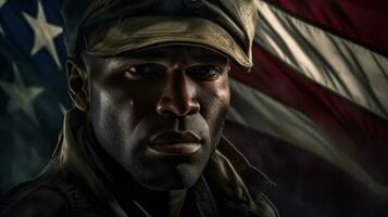 detail schot met Amerikaans vlag Aan soldaat uniform, geven de eer groet gedurende leger ceremonie foto