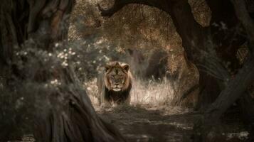 een leeuw, haar krachtig kader genieten onder de gevlekt licht filteren door de acacia bomen foto