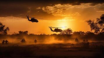 leger en helikopter troepen Aan de manier naar de slagveld Bij zonsondergang foto