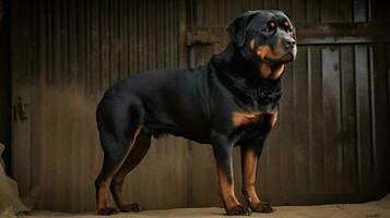 rottweiler, haar gespierd het formulier briljant in tegenstelling tegen een Open veld. haar ogen, reflecterend de warm zon, uitdrukken een aangeboren intelligentie- en loyaliteit foto