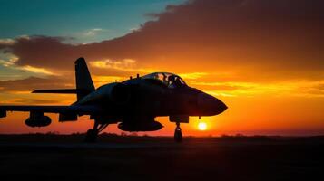 silhouet van leger aanval vliegtuig tegen een levendig zonsondergang. de strak profiel van de vliegtuig is krachtig geschetst tegen de backdrop van een zon instelling in een herrie van kleuren foto