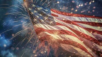 vuurwerk barsten in de nacht lucht, met de Amerikaans vlag golvend trots in de voorgrond, ai gegenereerd foto