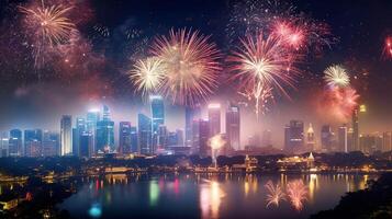 spectaculair vuurwerk tonen over- een stad horizon Aan onafhankelijkheid dag, ai gegenereerd foto