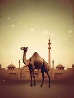 eid al adha mubarak groet met kameel en moskee, eid mubarak foto