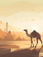 eid al adha mubarak groet met kameel en moskee, eid mubarak ai generatief foto